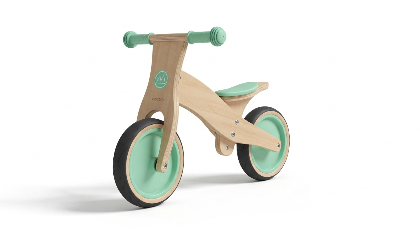 AI_IMAGE: A wooden balance bike for toddlers in natural birch wood finish with mint-green accents, shown at a three-quarter angle on a clean white studio background. Minimalist Scandinavian-inspired design. Professional product photography with soft studio lighting and subtle shadow. Clean, catalog-style. | photorealistic | landscape