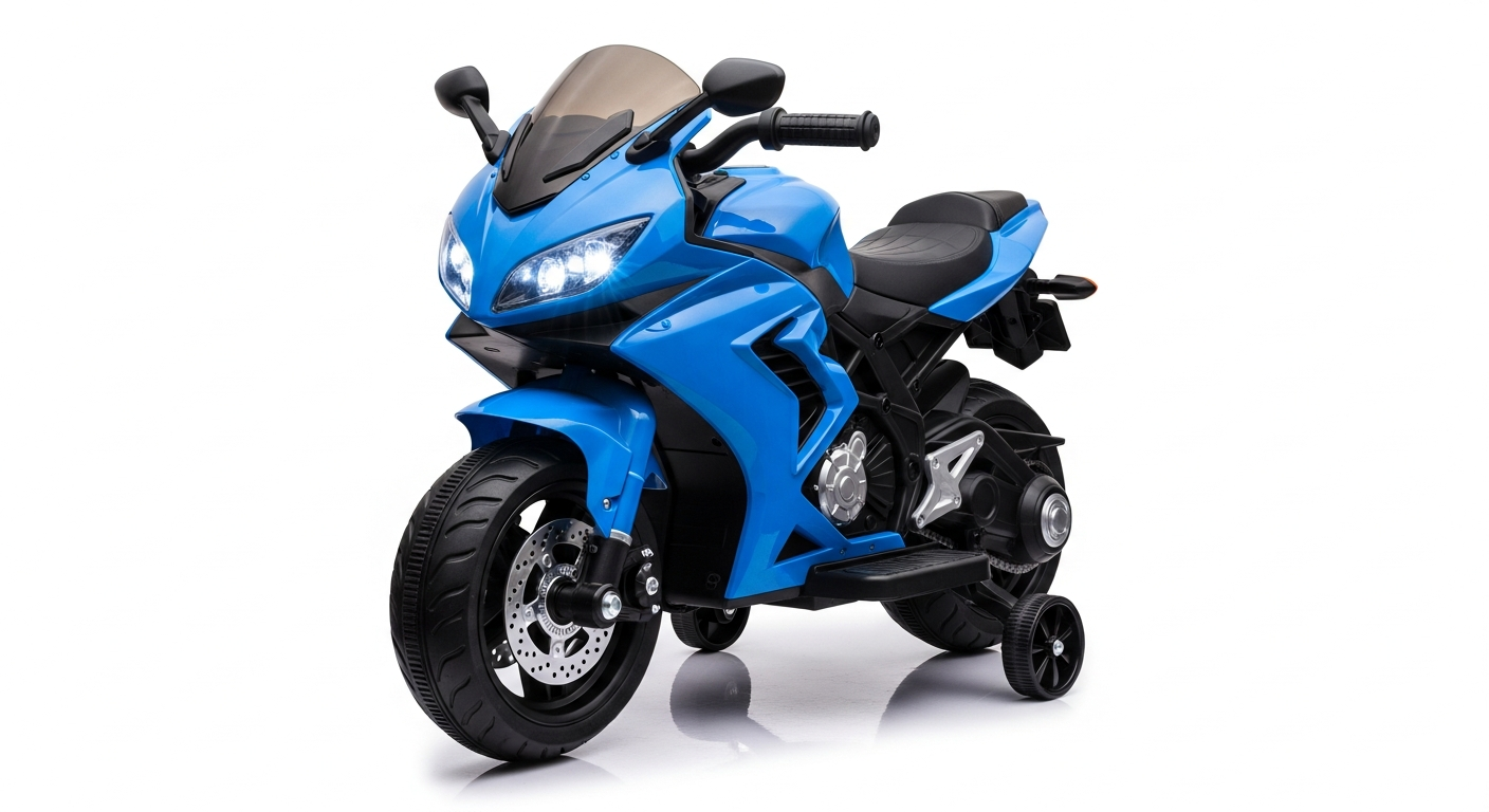 AI_IMAGE: A children's electric motorcycle in bright blue with training wheels attached, shown at a three-quarter angle on a clean white studio background. Sporty design with realistic details. Professional product photography with soft studio lighting and subtle shadow. Clean, catalog-style. | photorealistic | landscape