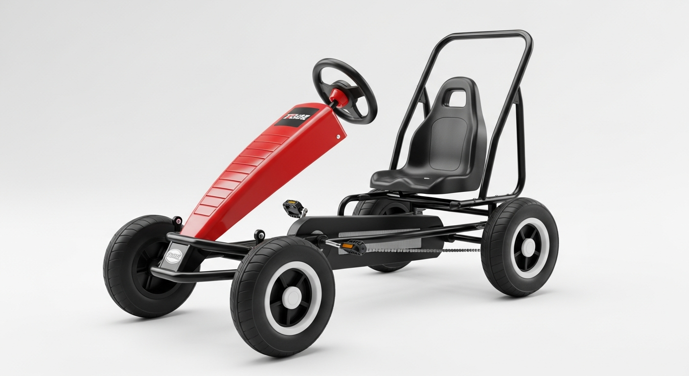 AI_IMAGE: A sporty children's pedal go-kart in racing red with black roll cage frame, shown at a three-quarter angle on a clean white studio background. Four rubber wheels, adjustable seat, and steering wheel. Professional product photography with soft studio lighting and subtle shadow. Clean, catalog-style. | photorealistic | landscape