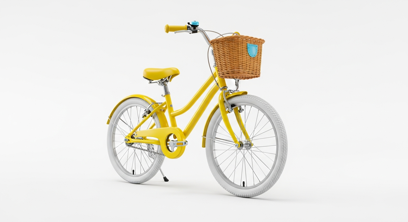 AI_IMAGE: A children's bicycle in cheerful yellow with white tires and a small basket on front, shown at a three-quarter angle on a clean white studio background. Charming design suitable for ages 4-8. Professional product photography with soft studio lighting and subtle shadow. Clean, catalog-style. | photorealistic | landscape