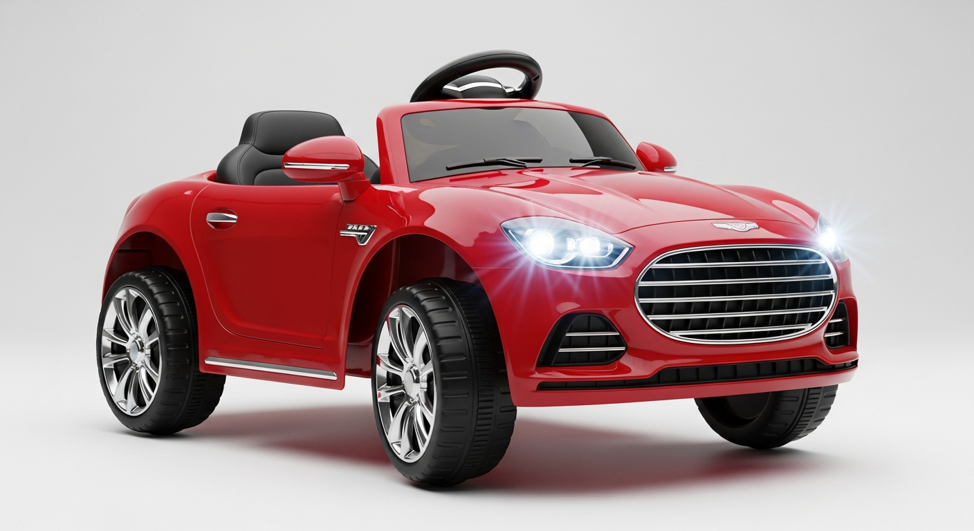 AI_IMAGE: A sleek children's electric ride-on car in glossy red, shown at a three-quarter angle on a clean white studio background. The miniature car has realistic details like LED headlights, chrome grille, and rubber tires. Professional product photography with soft studio lighting and subtle shadow beneath. Clean, aspirational, catalog-style. | photorealistic | landscape