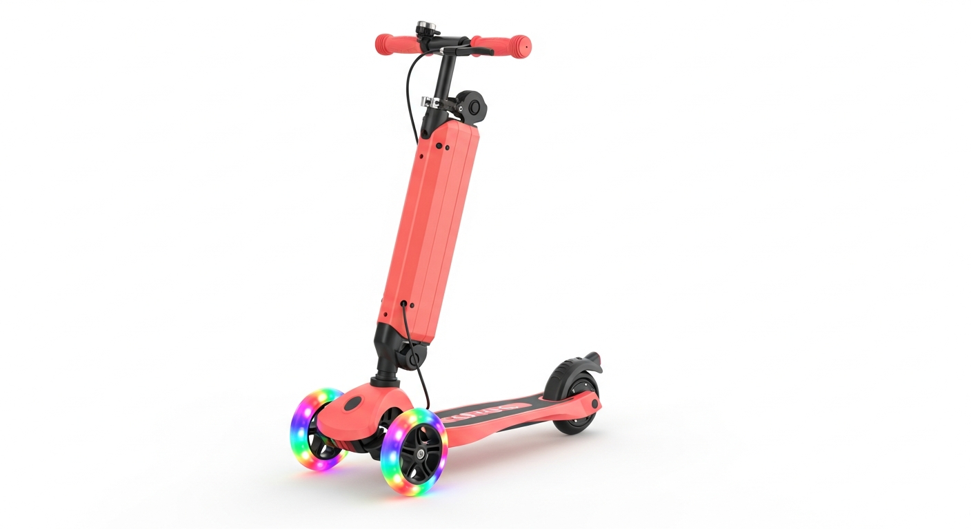 AI_IMAGE: A children's electric kick scooter in coral pink with LED light-up wheels, shown at a three-quarter angle on a clean white studio background. Foldable design with adjustable handlebar height. Professional product photography with soft studio lighting and subtle shadow. Clean, catalog-style. | photorealistic | landscape