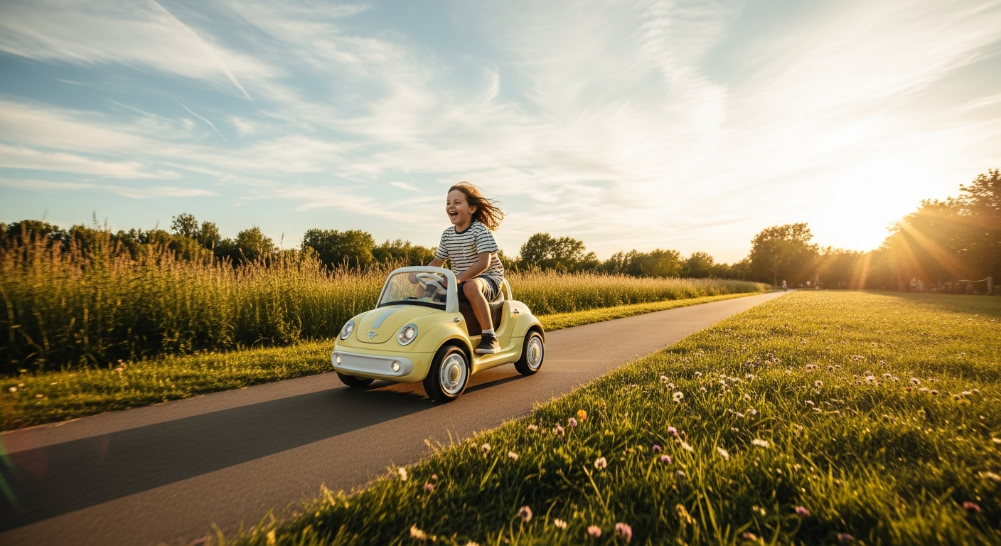 AI_IMAGE: A joyful child around 5 years old riding a pastel-yellow electric mini car along a sun-drenched park path, photographed from a low angle with slight motion blur suggesting speed and excitement. The child is laughing with pure delight, hair flowing in the wind. The path is lined with lush green grass and scattered wildflowers. Warm golden afternoon sunlight creates beautiful lens flare and long shadows. The sky fills the upper third with soft blue tones and wispy clouds. The scene feels cinematic and aspirational, like a children's lifestyle magazine cover. Warm color palette with golden hour lighting. | photorealistic | landscape